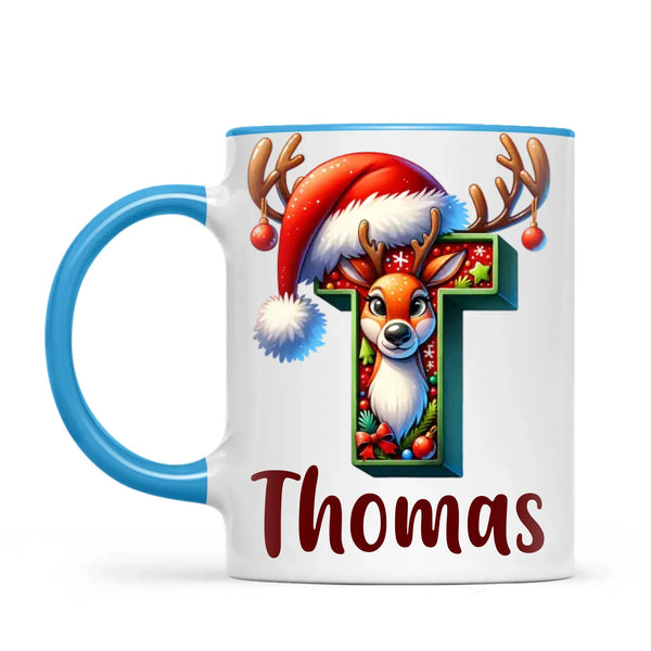 Personalised Christmas Reindeer Alphabet Kids Mug – Custom Name Cup with Festive Letter & Santa Hat | 11 oz, 6 oz & Enamel Options