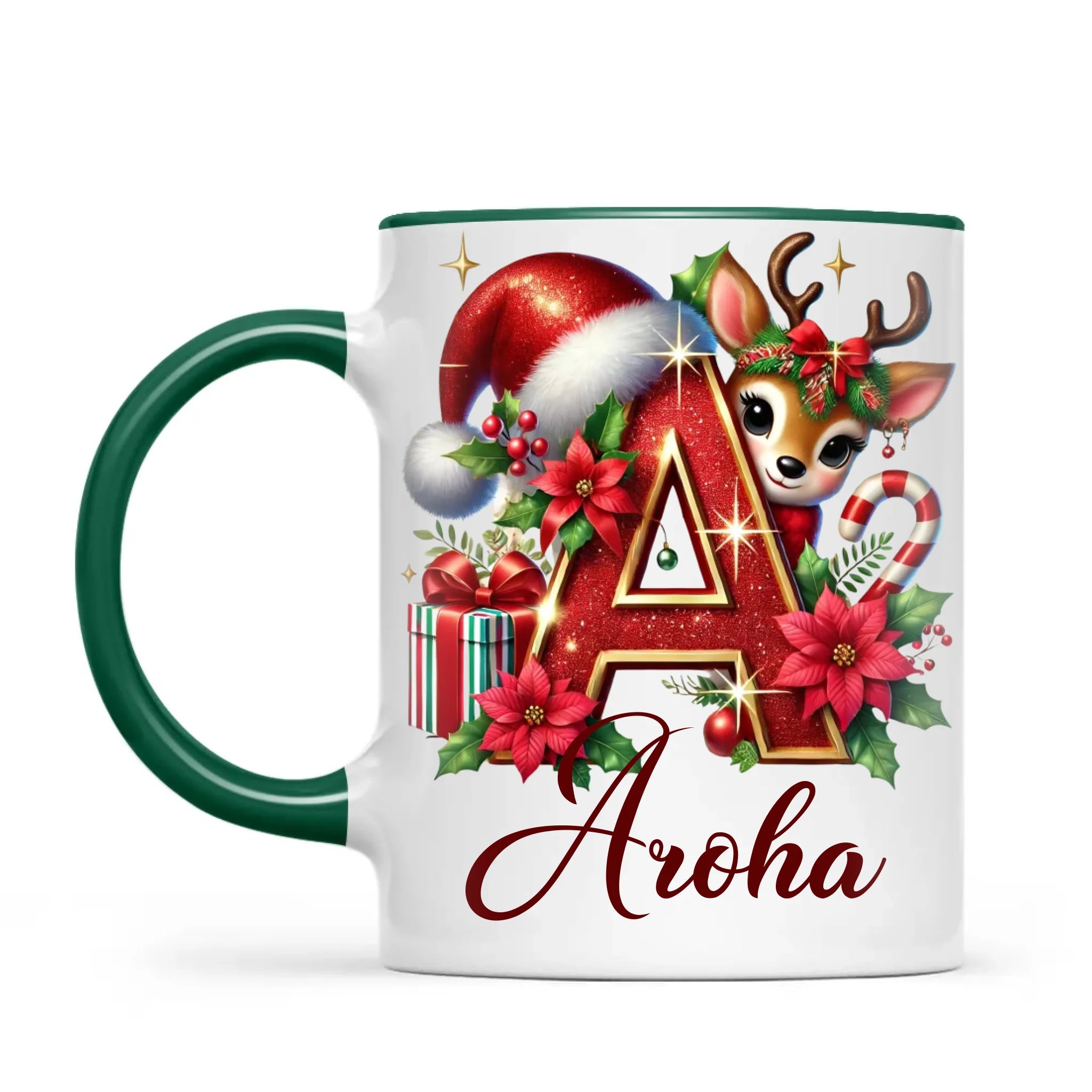 Personalised Christmas Alphabet Kids Mug – Custom Name Cup with Reindeer, Santa Hat & Festive Letter Design | 11 oz, 6 oz & Enamel Options