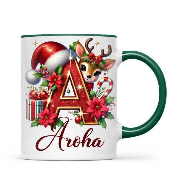 Personalised Christmas Alphabet Kids Mug – Custom Name Cup with Reindeer, Santa Hat & Festive Letter Design | 11 oz, 6 oz & Enamel Options