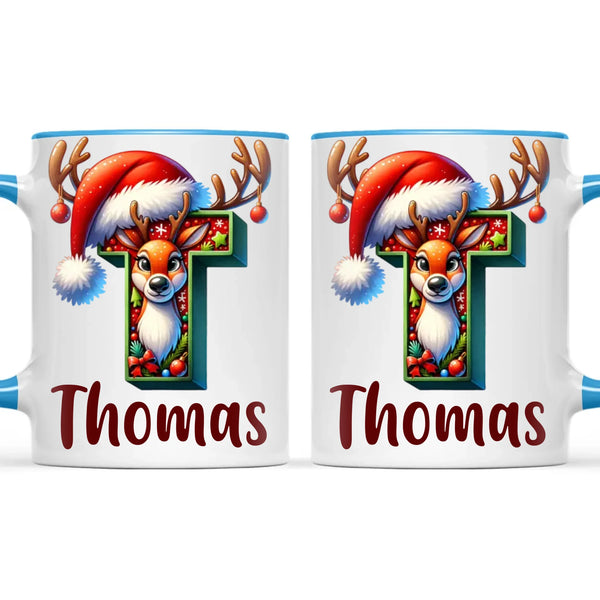 Personalised Christmas Reindeer Alphabet Kids Mug – Custom Name Cup with Festive Letter & Santa Hat | 11 oz, 6 oz & Enamel Options