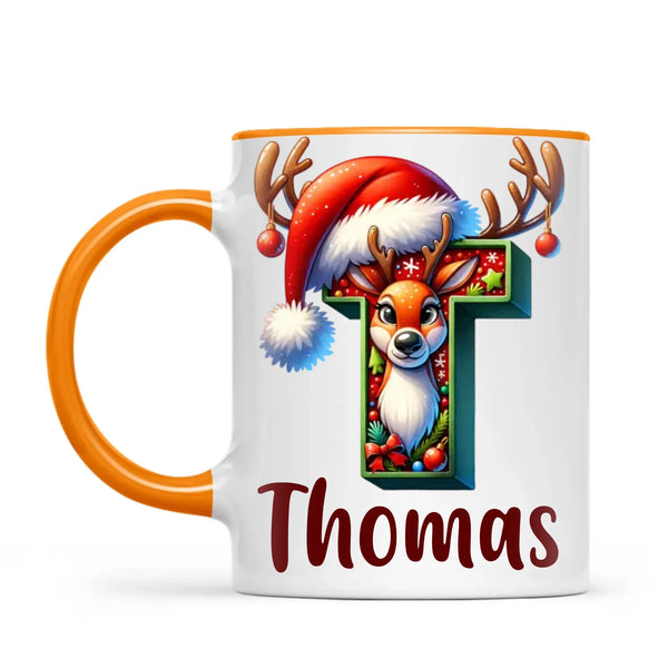 Personalised Christmas Reindeer Alphabet Kids Mug – Custom Name Cup with Festive Letter & Santa Hat | 11 oz, 6 oz & Enamel Options