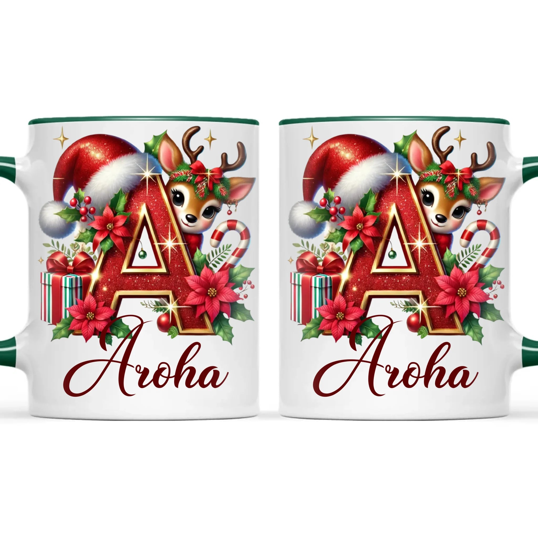 Personalised Christmas Alphabet Kids Mug – Custom Name Cup with Reindeer, Santa Hat & Festive Letter Design | 11 oz, 6 oz & Enamel Options