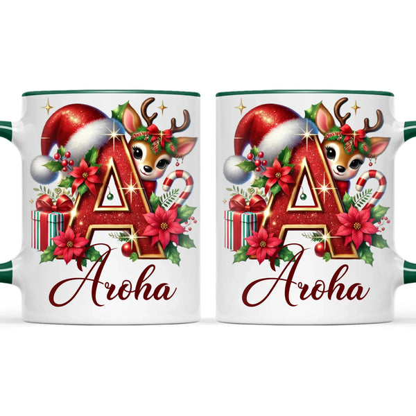 Personalised Christmas Alphabet Kids Mug – Custom Name Cup with Reindeer, Santa Hat & Festive Letter Design | 11 oz, 6 oz & Enamel Options