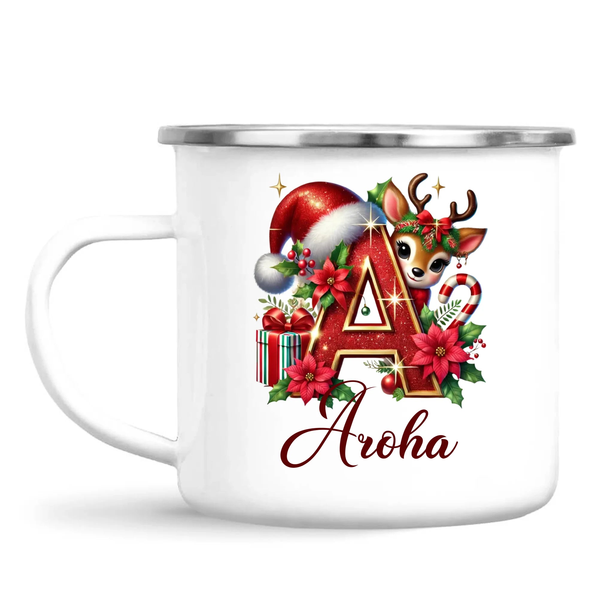 Personalised Christmas Alphabet Kids Mug – Custom Name Cup with Reindeer, Santa Hat & Festive Letter Design | 11 oz, 6 oz & Enamel Options