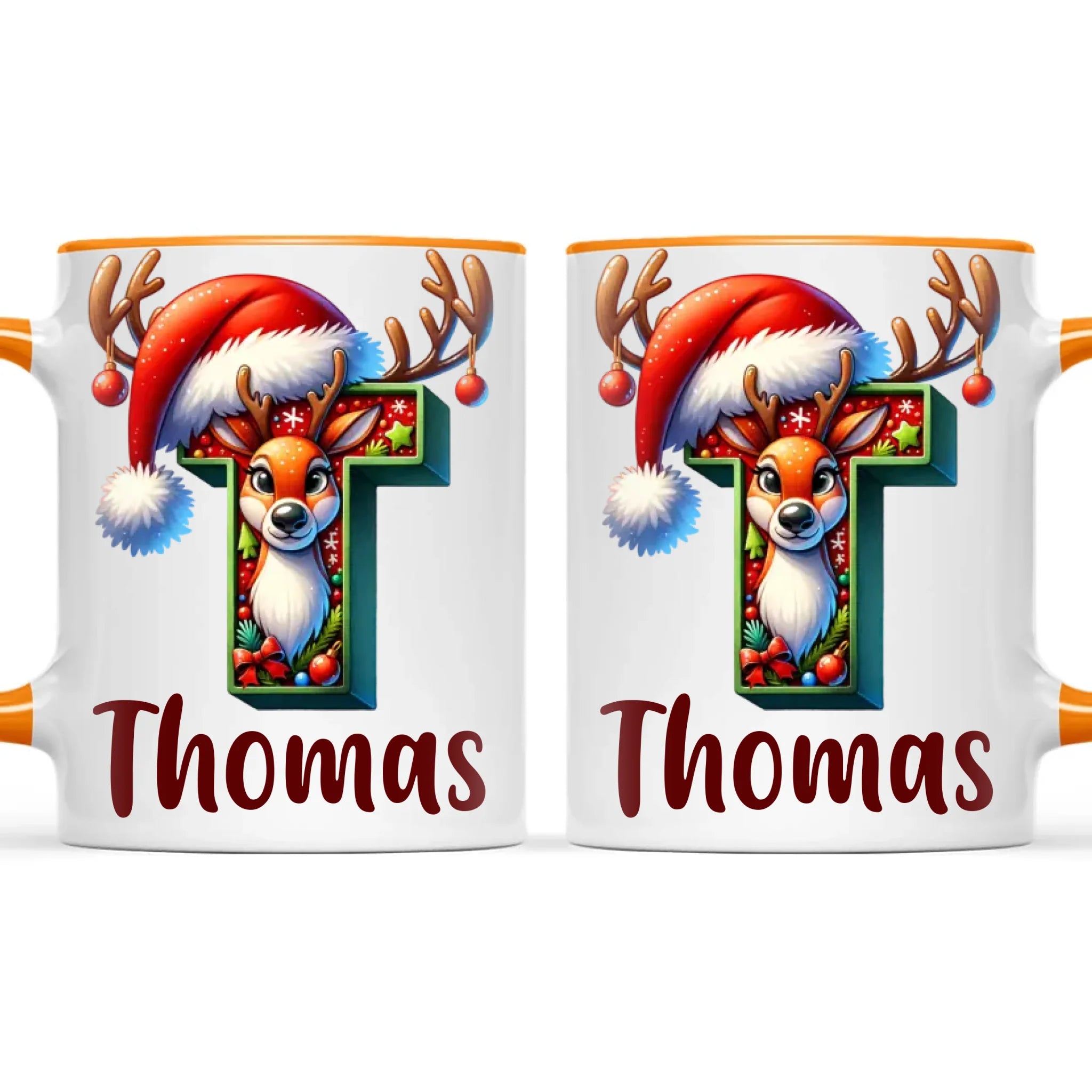 Personalised Christmas Reindeer Alphabet Kids Mug – Custom Name Cup with Festive Letter & Santa Hat | 11 oz, 6 oz & Enamel Options