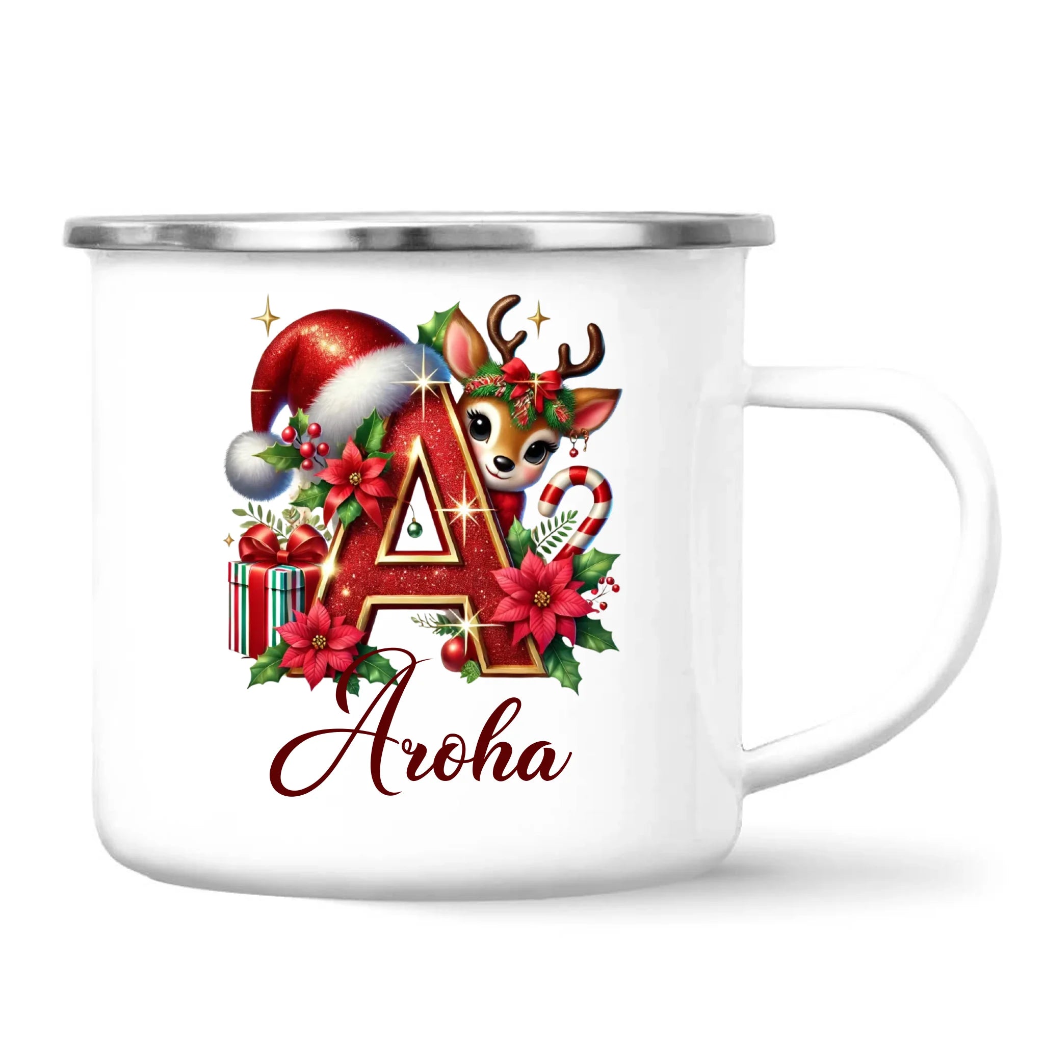 Personalised Christmas Alphabet Kids Mug – Custom Name Cup with Reindeer, Santa Hat & Festive Letter Design | 11 oz, 6 oz & Enamel Options