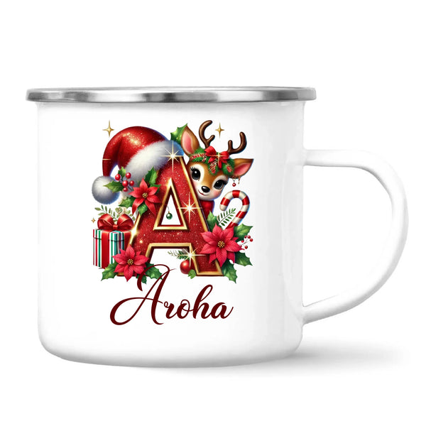 Personalised Christmas Alphabet Kids Mug – Custom Name Cup with Reindeer, Santa Hat & Festive Letter Design | 11 oz, 6 oz & Enamel Options