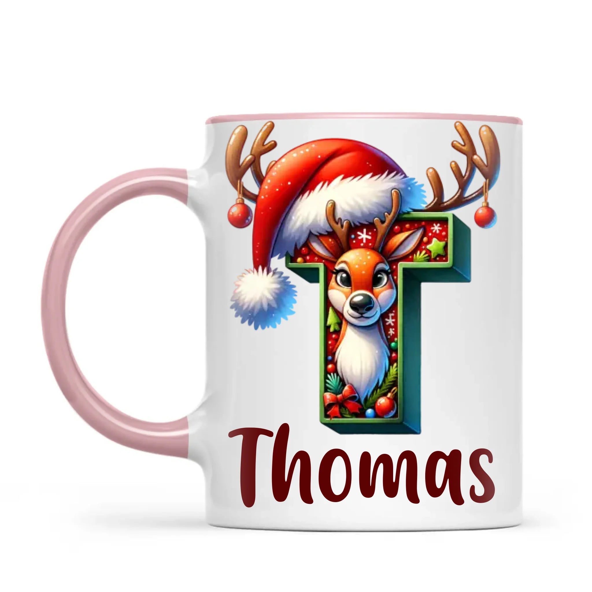 Personalised Christmas Reindeer Alphabet Kids Mug – Custom Name Cup with Festive Letter & Santa Hat | 11 oz, 6 oz & Enamel Options