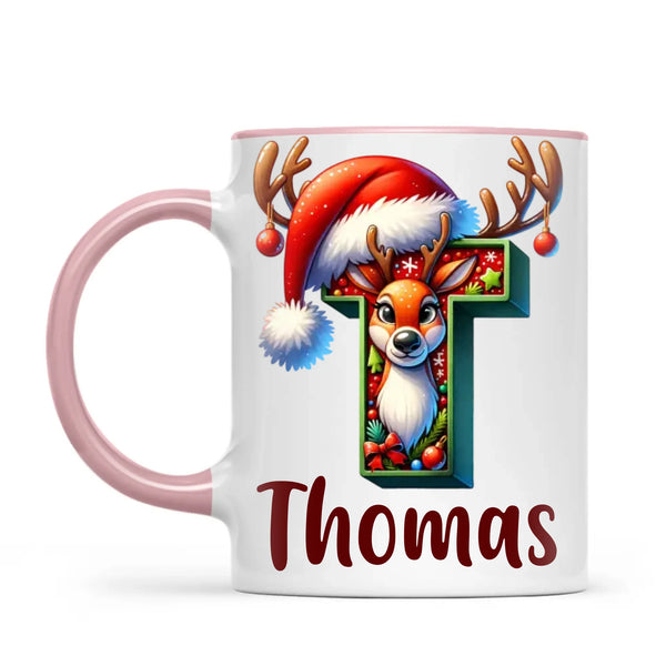 Personalised Christmas Reindeer Alphabet Kids Mug – Custom Name Cup with Festive Letter & Santa Hat | 11 oz, 6 oz & Enamel Options