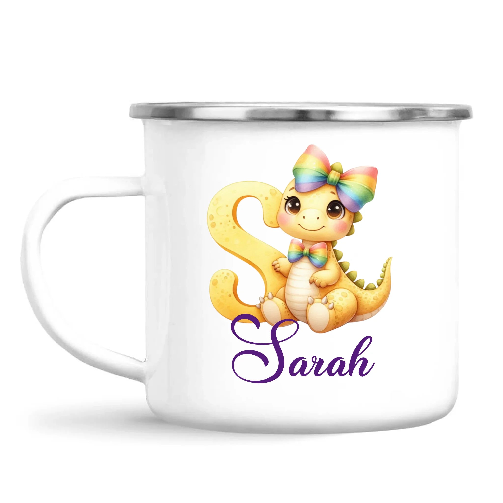 Personalised Yellow Dino Alphabet Kids Mug – Custom Name Cup with Cute Dinosaur & Rainbow Bow | 11 oz, 6 oz & Enamel Options