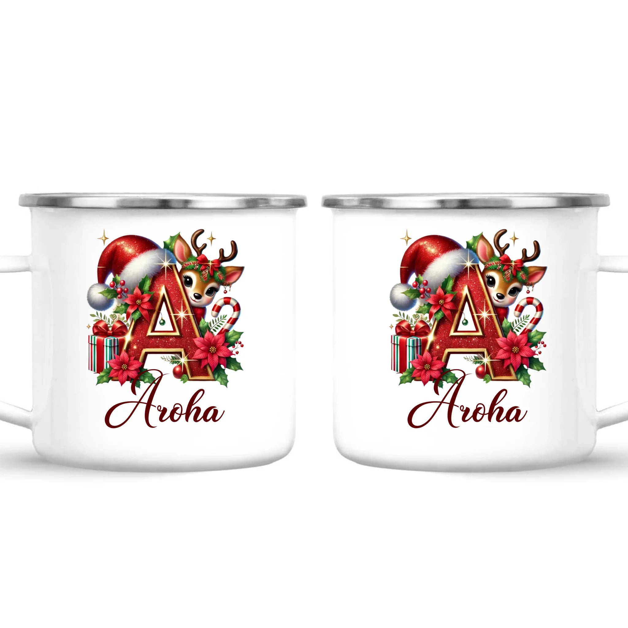 Personalised Christmas Alphabet Kids Mug – Custom Name Cup with Reindeer, Santa Hat & Festive Letter Design | 11 oz, 6 oz & Enamel Options