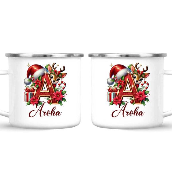 Personalised Christmas Alphabet Kids Mug – Custom Name Cup with Reindeer, Santa Hat & Festive Letter Design | 11 oz, 6 oz & Enamel Options