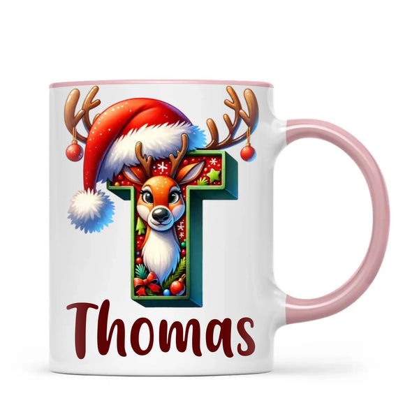 Personalised Christmas Reindeer Alphabet Kids Mug – Custom Name Cup with Festive Letter & Santa Hat | 11 oz, 6 oz & Enamel Options