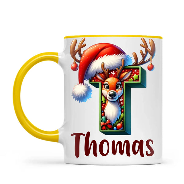 Personalised Christmas Reindeer Alphabet Kids Mug – Custom Name Cup with Festive Letter & Santa Hat | 11 oz, 6 oz & Enamel Options
