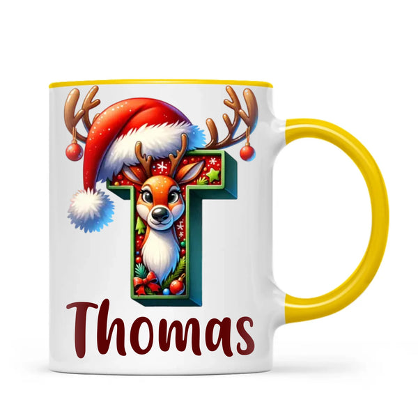 Personalised Christmas Reindeer Alphabet Kids Mug – Custom Name Cup with Festive Letter & Santa Hat | 11 oz, 6 oz & Enamel Options