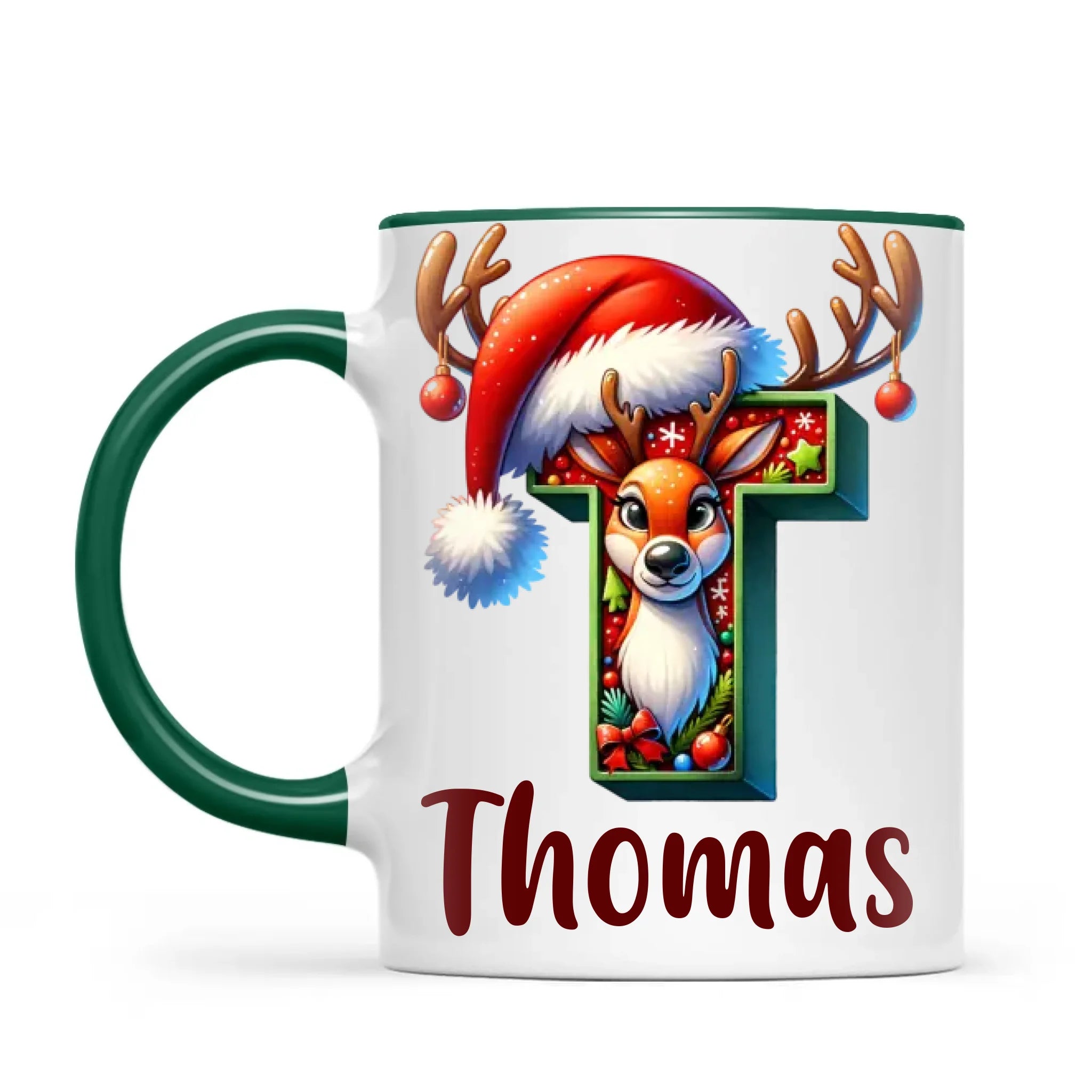 Personalised Christmas Reindeer Alphabet Kids Mug – Custom Name Cup with Festive Letter & Santa Hat | 11 oz, 6 oz & Enamel Options