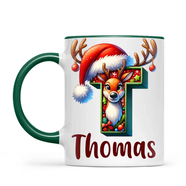 Personalised Christmas Reindeer Alphabet Kids Mug – Custom Name Cup with Festive Letter & Santa Hat | 11 oz, 6 oz & Enamel Options