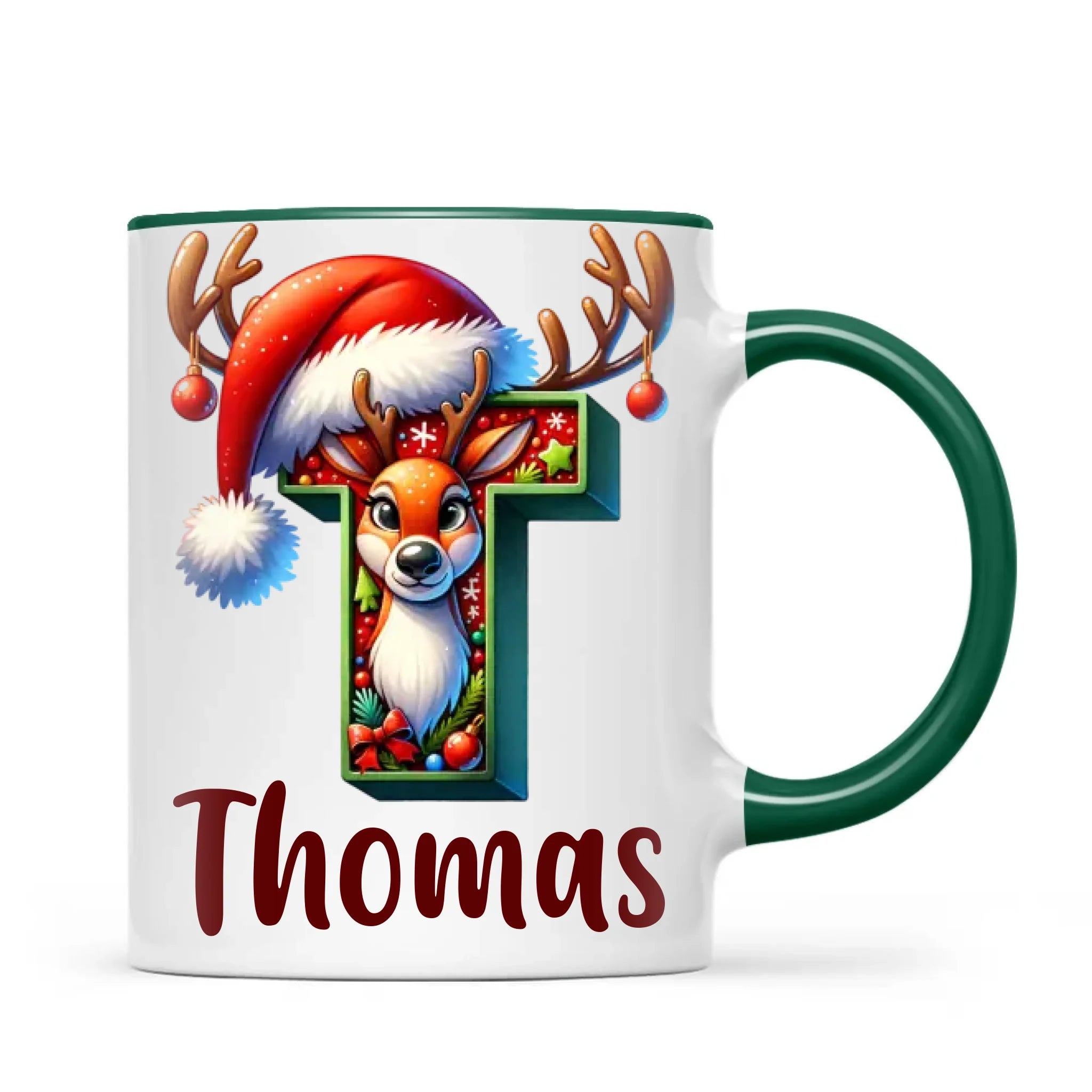 Personalised Christmas Reindeer Alphabet Kids Mug – Custom Name Cup with Festive Letter & Santa Hat | 11 oz, 6 oz & Enamel Options