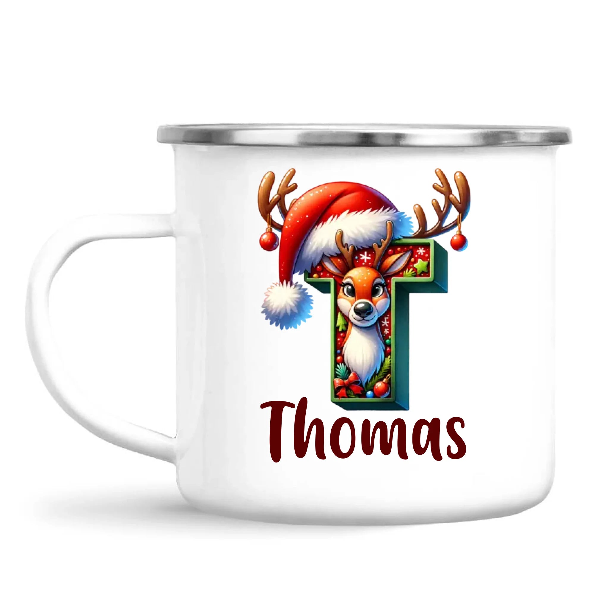 Personalised Christmas Reindeer Alphabet Kids Mug – Custom Name Cup with Festive Letter & Santa Hat | 11 oz, 6 oz & Enamel Options