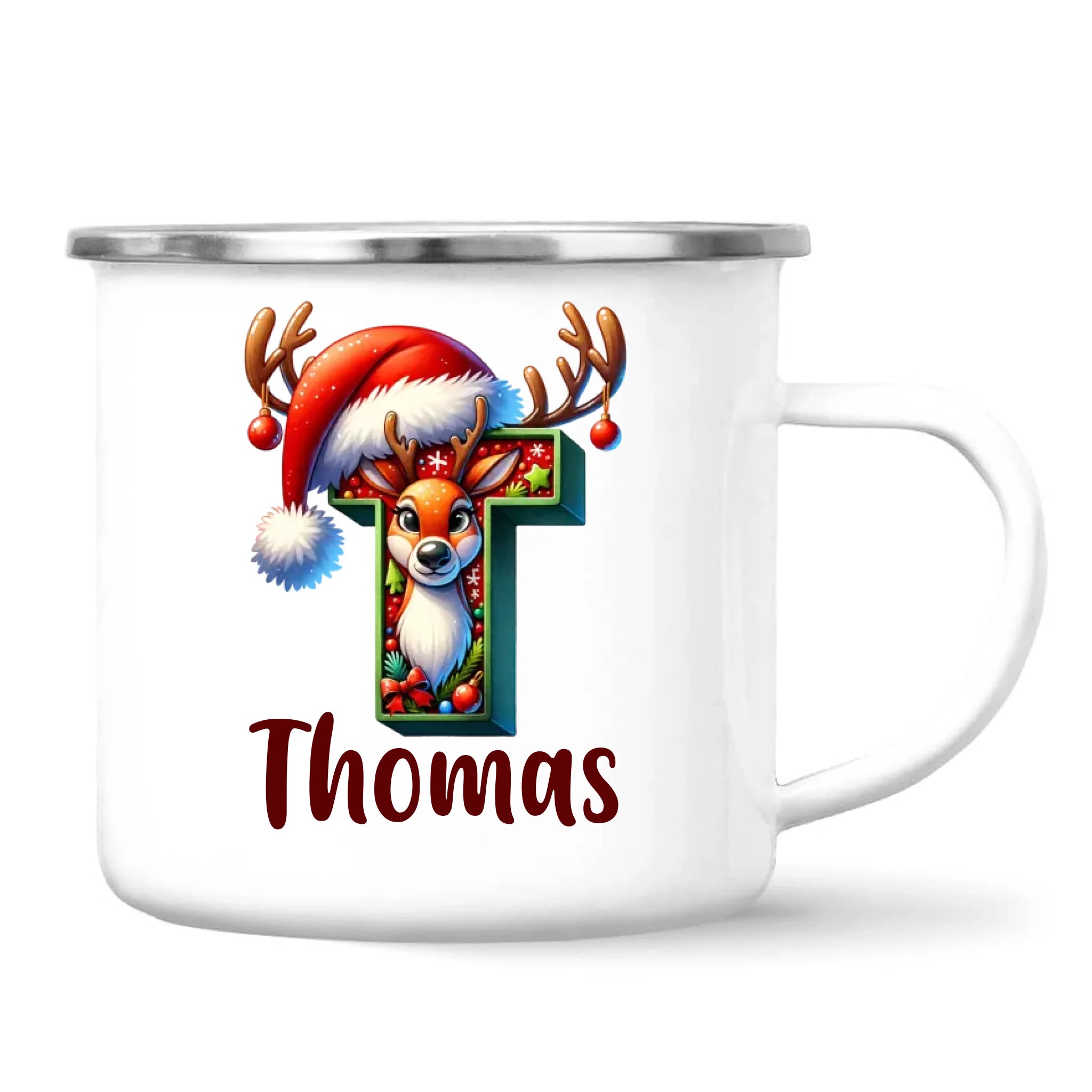 Personalised Christmas Reindeer Alphabet Kids Mug – Custom Name Cup with Festive Letter & Santa Hat | 11 oz, 6 oz & Enamel Options