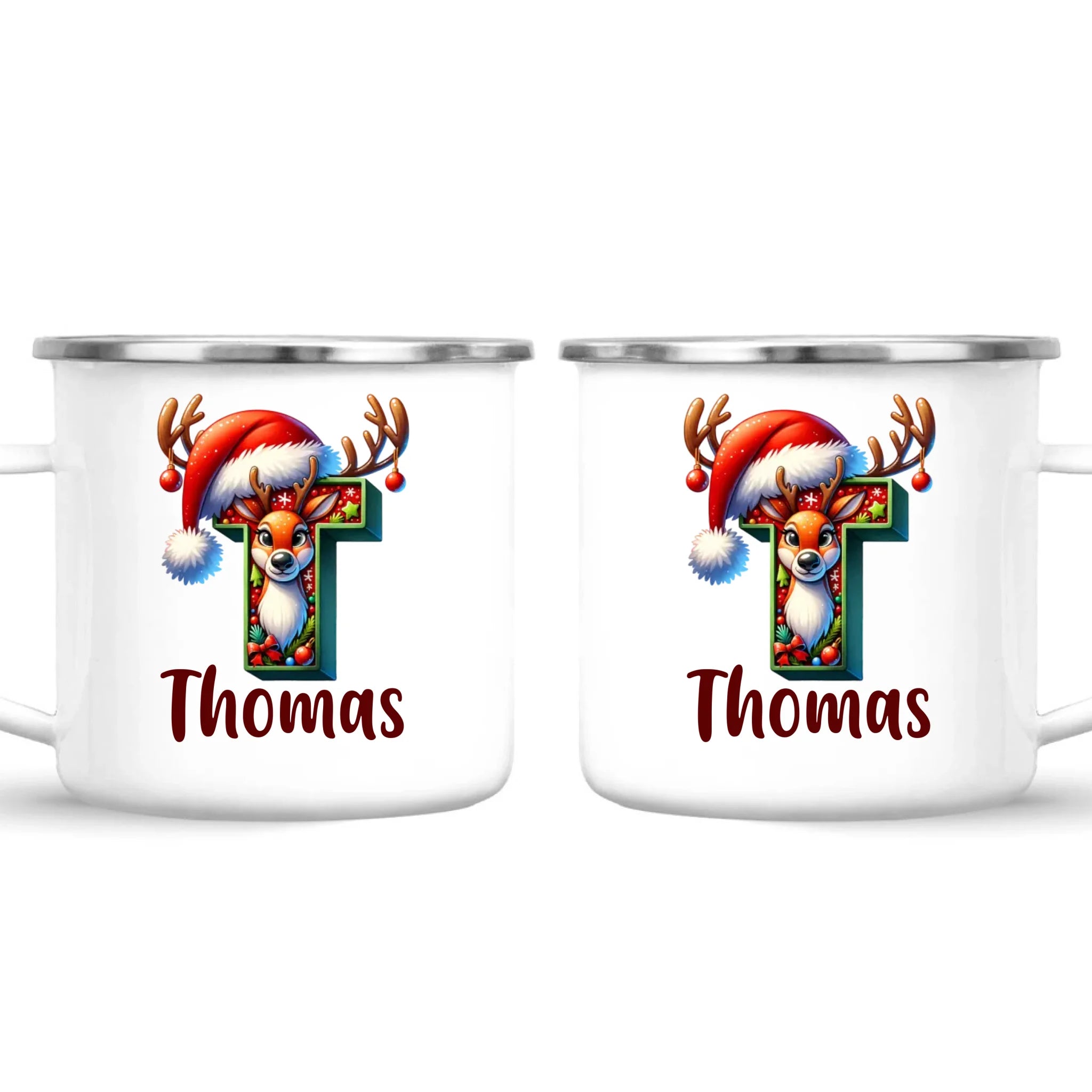 Personalised Christmas Reindeer Alphabet Kids Mug – Custom Name Cup with Festive Letter & Santa Hat | 11 oz, 6 oz & Enamel Options