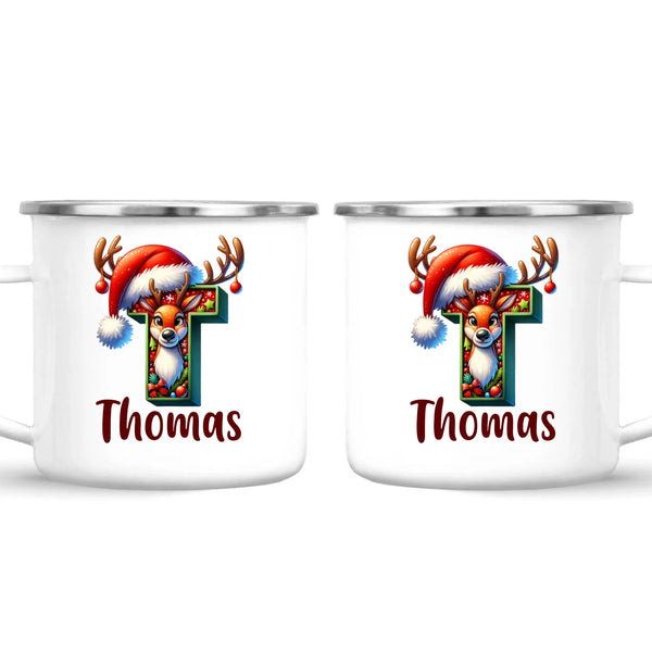 Personalised Christmas Reindeer Alphabet Kids Mug – Custom Name Cup with Festive Letter & Santa Hat | 11 oz, 6 oz & Enamel Options