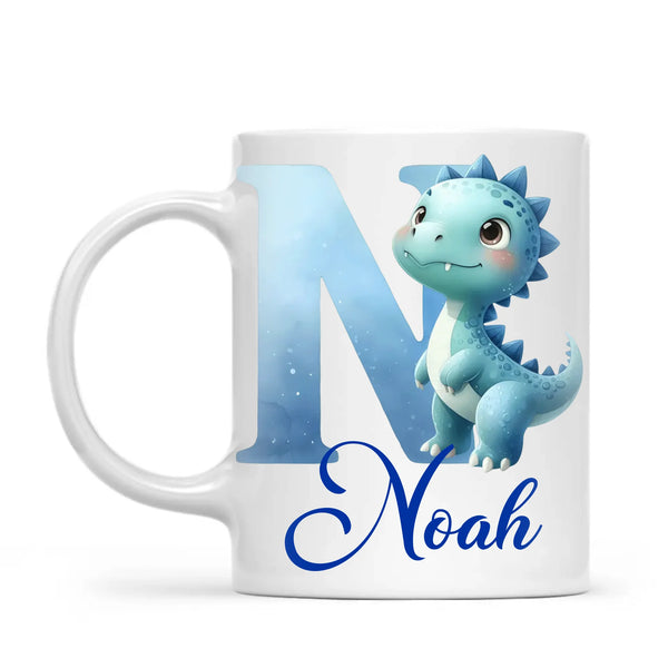 Personalised Blue Dinosaur Alphabet Kids Mug – Custom Name Cup with Watercolour Letter Design | 11 oz, 6 oz & Enamel Options
