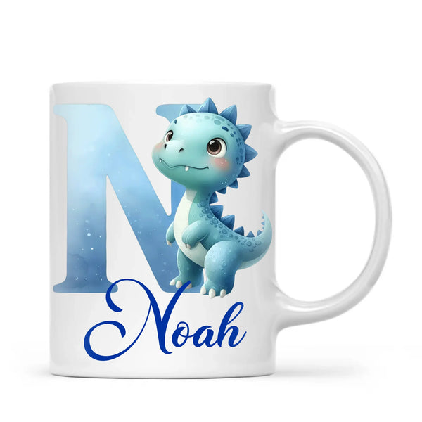 Personalised Blue Dinosaur Alphabet Kids Mug – Custom Name Cup with Watercolour Letter Design | 11 oz, 6 oz & Enamel Options