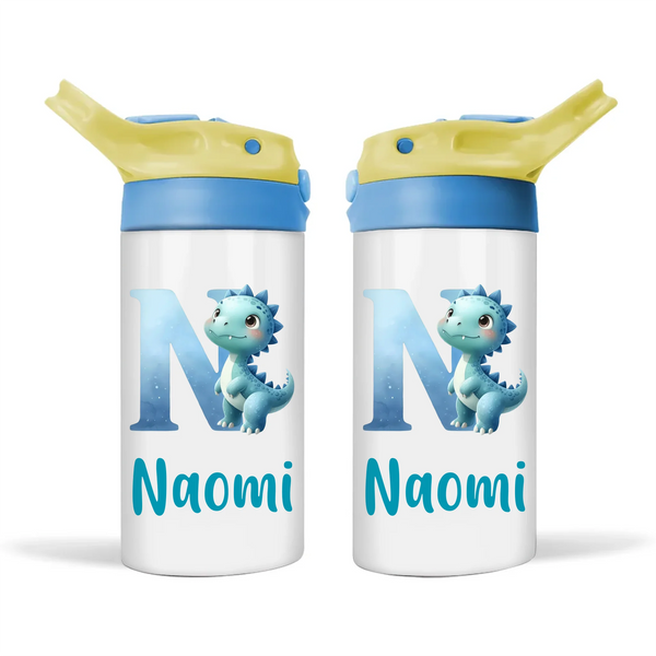 Personalised Blue Dinosaur Alphabet Sippy Bottle – Custom Double-Walled Kids Bottle with Name & Watercolour Letter Design | Flip-Top Lid
