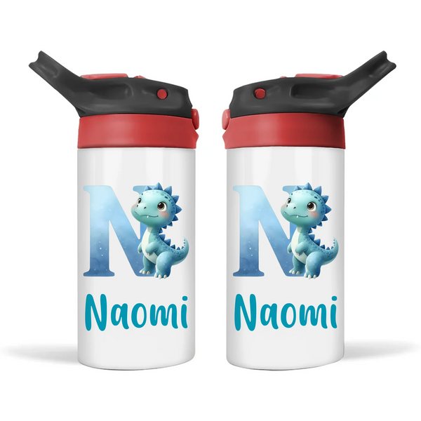 Personalised Blue Dinosaur Alphabet Sippy Bottle – Custom Double-Walled Kids Bottle with Name & Watercolour Letter Design | Flip-Top Lid