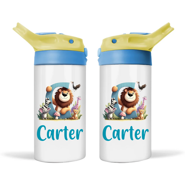 Personalised Zoo Animals Alphabet Sippy Bottle – Custom Double-Walled Kids Bottle with Name & Jungle Animal Letter Design | Flip-Top Lid