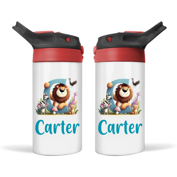 Personalised Zoo Animals Alphabet Sippy Bottle – Custom Double-Walled Kids Bottle with Name & Jungle Animal Letter Design | Flip-Top Lid