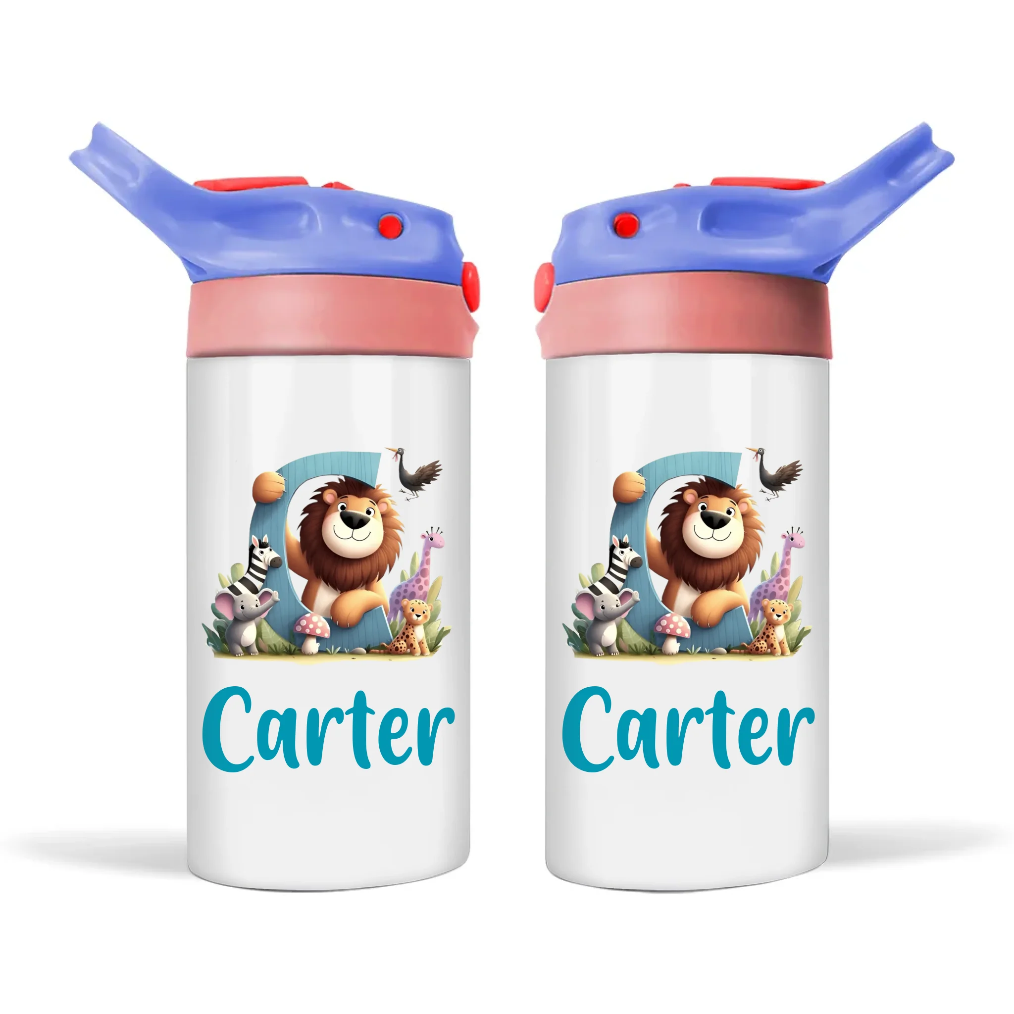 Personalised Zoo Animals Alphabet Sippy Bottle – Custom Double-Walled Kids Bottle with Name & Jungle Animal Letter Design | Flip-Top Lid