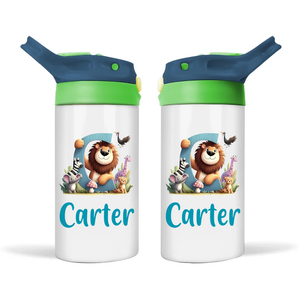 Personalised Zoo Animals Alphabet Sippy Bottle – Custom Double-Walled Kids Bottle with Name & Jungle Animal Letter Design | Flip-Top Lid
