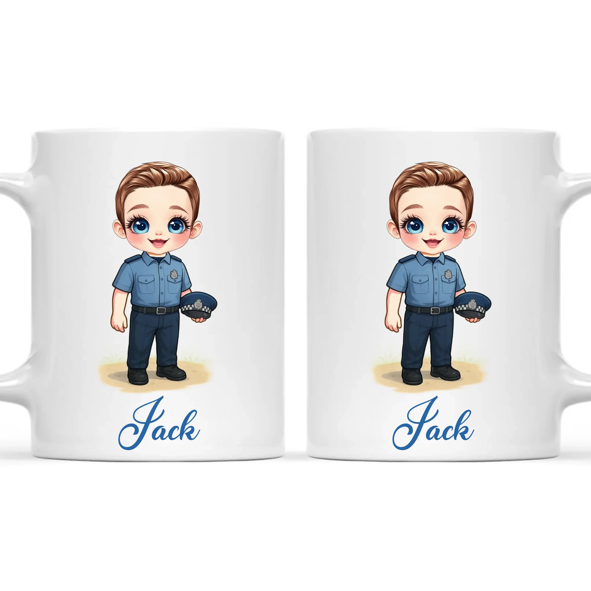 👮‍♂️ Personalised Police Kid Mug / Cup (Ceramic or Enamel) – Customised with Name, Hair, Eyes & Skin Tone