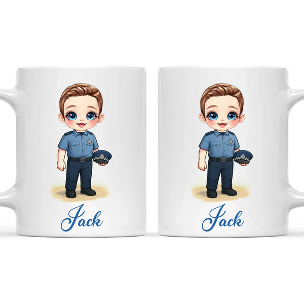 👮‍♂️ Personalised Police Kid Mug / Cup (Ceramic or Enamel) – Customised with Name, Hair, Eyes & Skin Tone