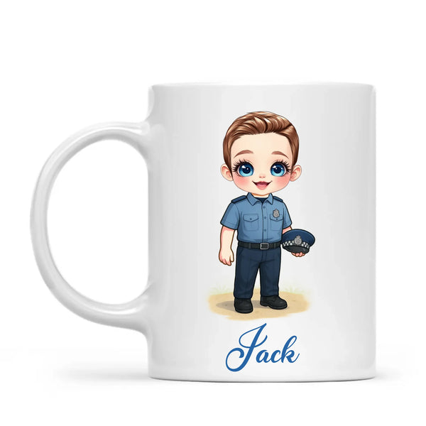 👮‍♂️ Personalised Police Kid Mug / Cup (Ceramic or Enamel) – Customised with Name, Hair, Eyes & Skin Tone