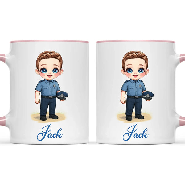 👮‍♂️ Personalised Police Kid Mug / Cup (Ceramic or Enamel) – Customised with Name, Hair, Eyes & Skin Tone