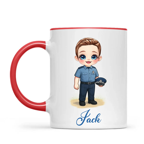 👮‍♂️ Personalised Police Kid Mug / Cup (Ceramic or Enamel) – Customised with Name, Hair, Eyes & Skin Tone