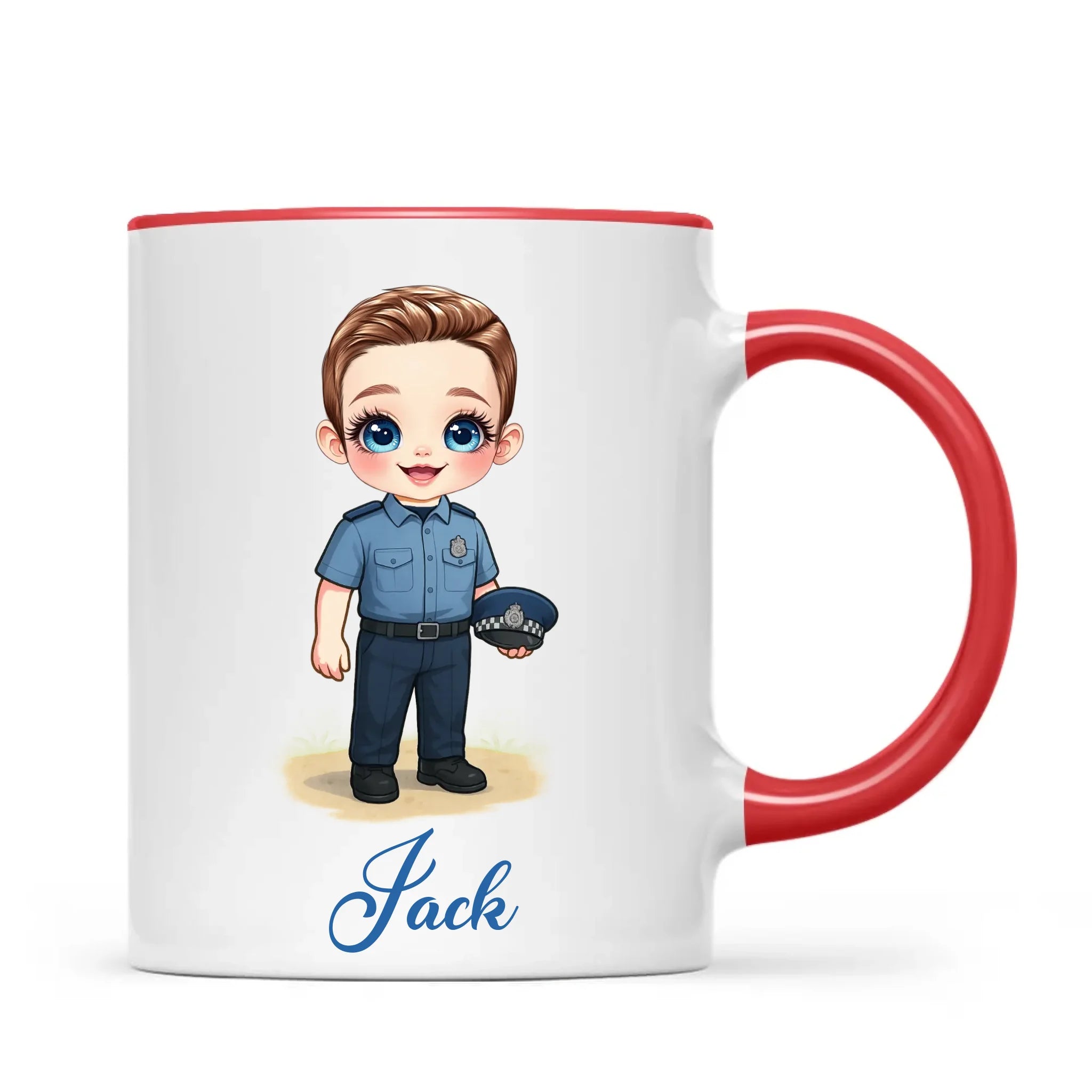 👮‍♂️ Personalised Police Kid Mug / Cup (Ceramic or Enamel) – Customised with Name, Hair, Eyes & Skin Tone