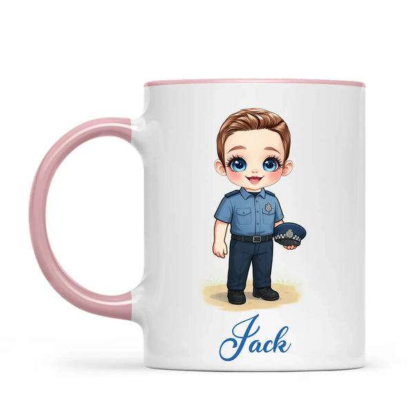 👮‍♂️ Personalised Police Kid Mug / Cup (Ceramic or Enamel) – Customised with Name, Hair, Eyes & Skin Tone