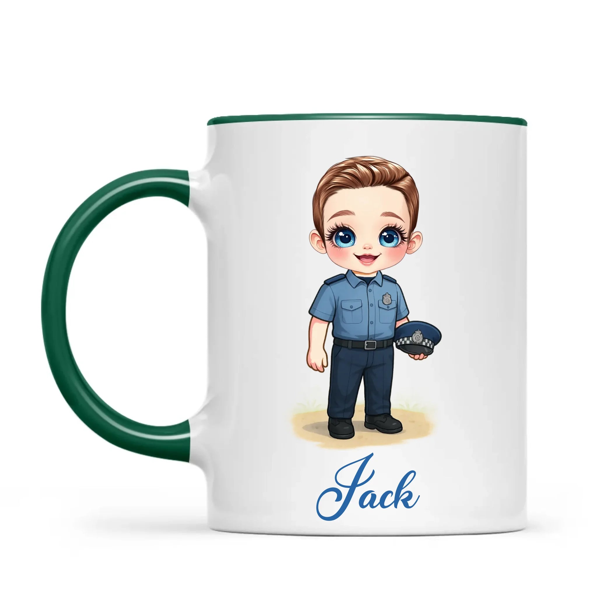 👮‍♂️ Personalised Police Kid Mug / Cup (Ceramic or Enamel) – Customised with Name, Hair, Eyes & Skin Tone