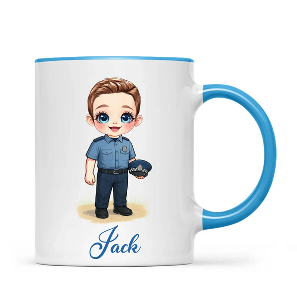 👮‍♂️ Personalised Police Kid Mug / Cup (Ceramic or Enamel) – Customised with Name, Hair, Eyes & Skin Tone