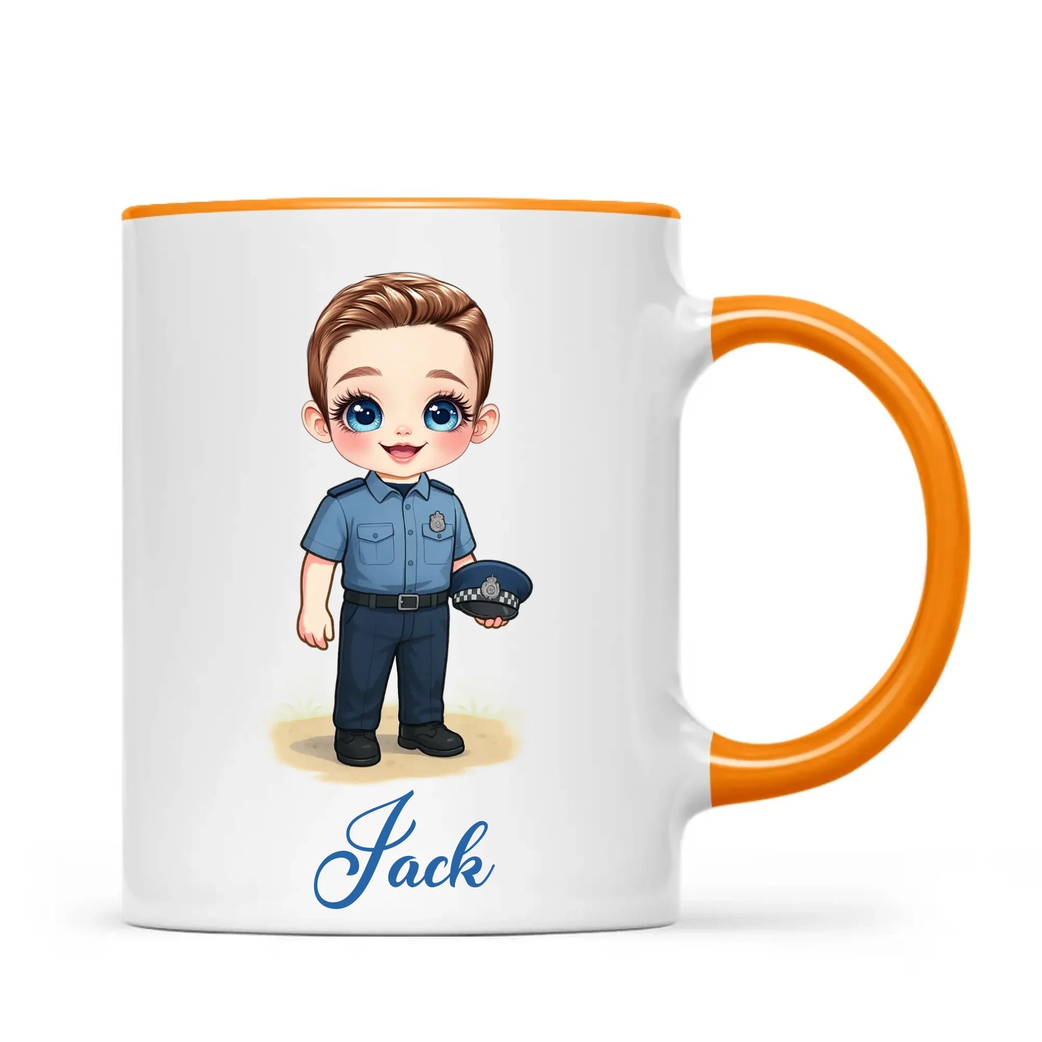 👮‍♂️ Personalised Police Kid Mug / Cup (Ceramic or Enamel) – Customised with Name, Hair, Eyes & Skin Tone