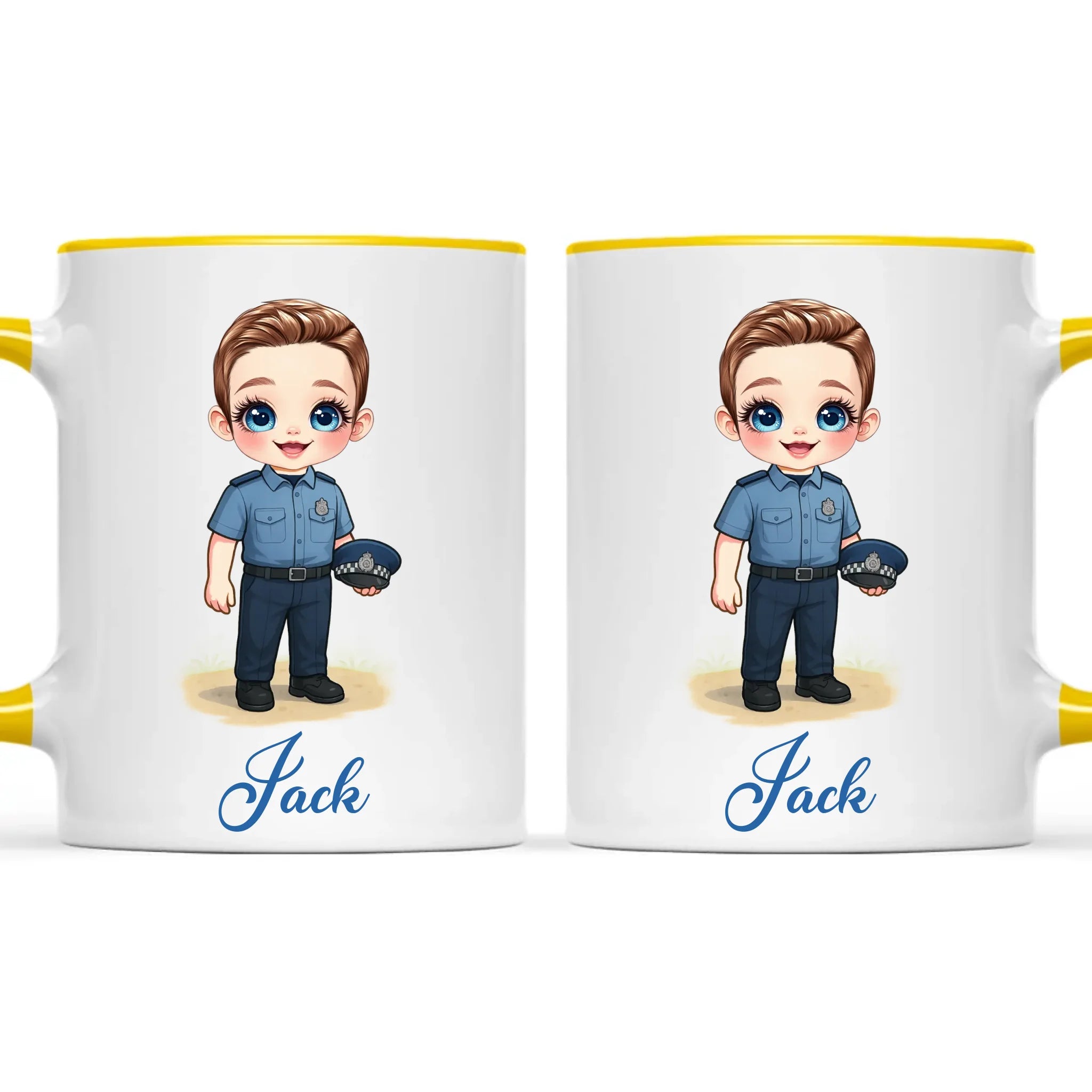 👮‍♂️ Personalised Police Kid Mug / Cup (Ceramic or Enamel) – Customised with Name, Hair, Eyes & Skin Tone