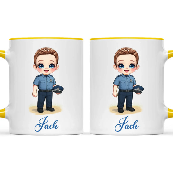👮‍♂️ Personalised Police Kid Mug / Cup (Ceramic or Enamel) – Customised with Name, Hair, Eyes & Skin Tone