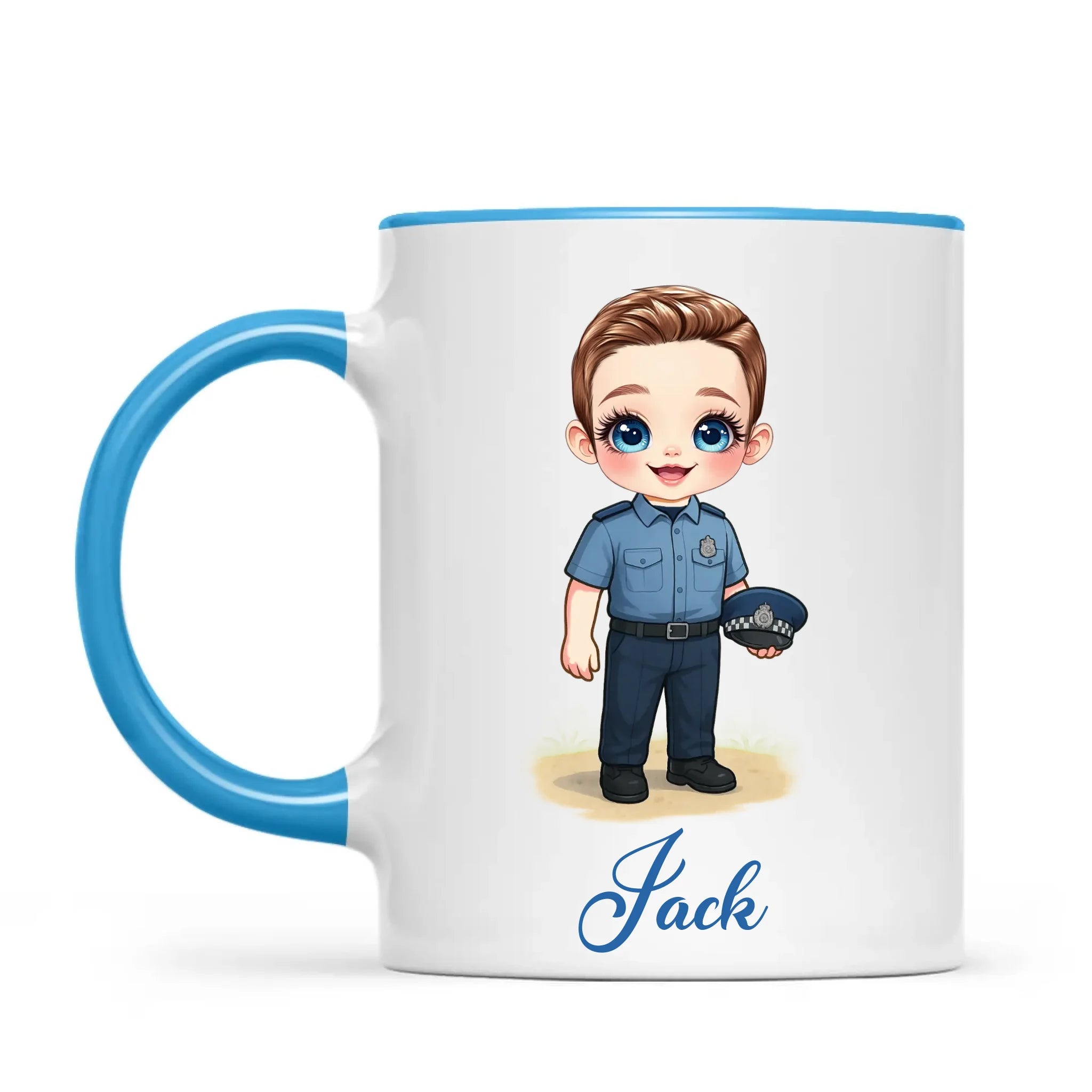 👮‍♂️ Personalised Police Kid Mug / Cup (Ceramic or Enamel) – Customised with Name, Hair, Eyes & Skin Tone