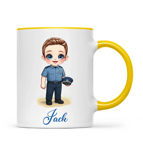 👮‍♂️ Personalised Police Kid Mug / Cup (Ceramic or Enamel) – Customised with Name, Hair, Eyes & Skin Tone