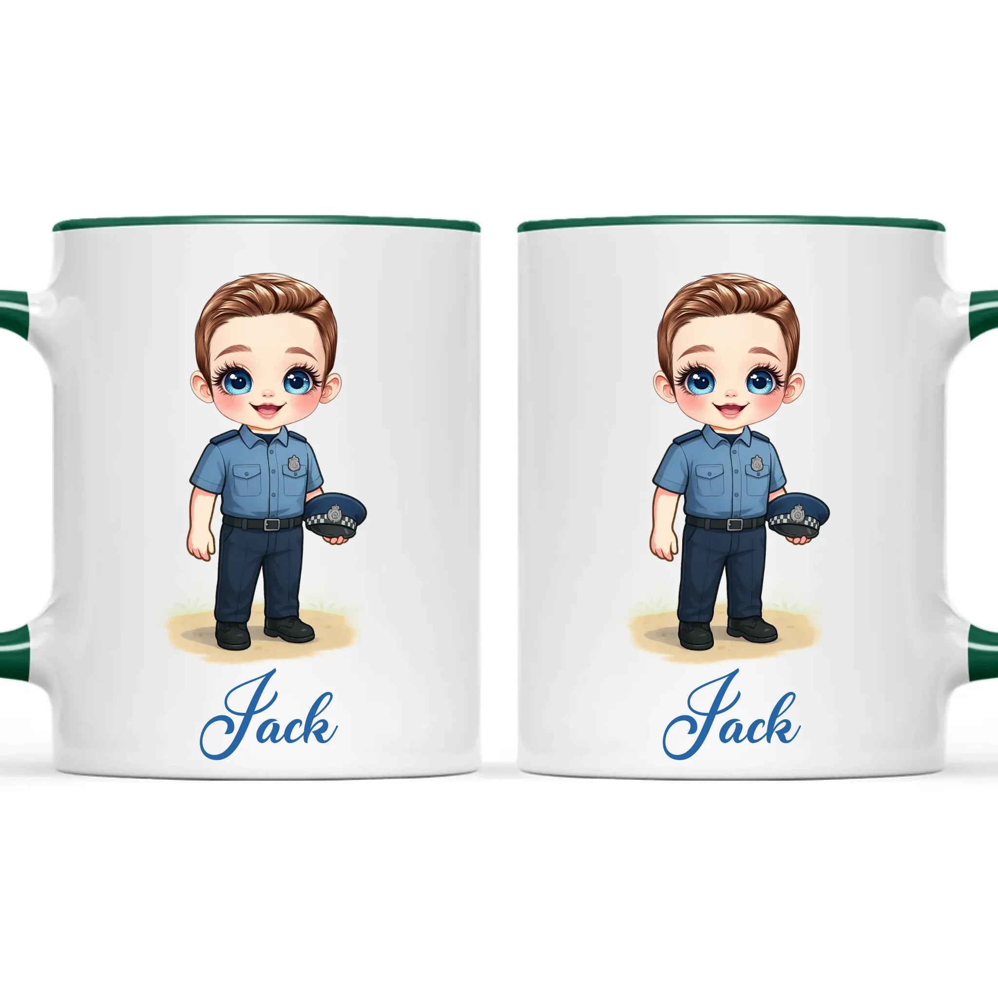 👮‍♂️ Personalised Police Kid Mug / Cup (Ceramic or Enamel) – Customised with Name, Hair, Eyes & Skin Tone
