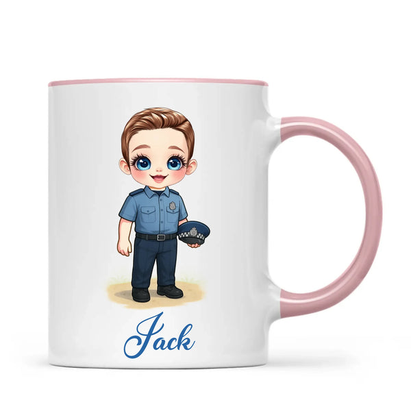 👮‍♂️ Personalised Police Kid Mug / Cup (Ceramic or Enamel) – Customised with Name, Hair, Eyes & Skin Tone